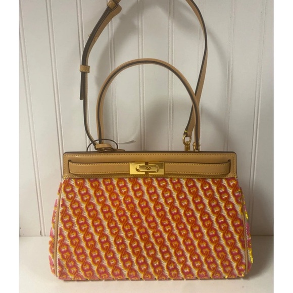 $698 Tory Burch Lee Radziwill Fil Coupe Satchel Bag Gemini Link Canvas - Picture 3 of 3